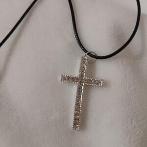 Silver cross with rhinestones necklace